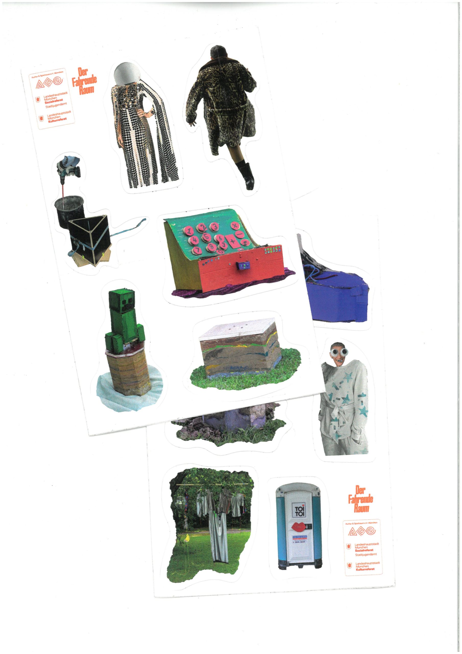 Cover: Stickerbogen-Collage mit ausgeschnittenen Objekten und Figuren auf weißem Hintergrund.